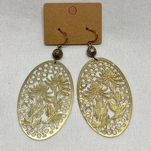 Forever 21 Goldtone Oval Earrings Lace Lattice Etched Dangle Hook Boho NWOT - Picture 8 of 8